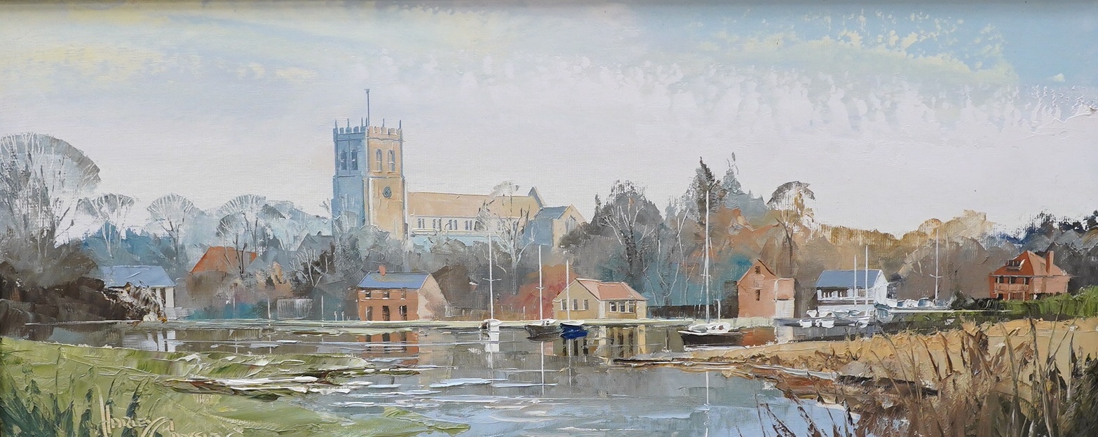 Harley Crossley (b.1936), impasto oil on board, Riverscape with church, signed, 29 x 69cm. Condition - good